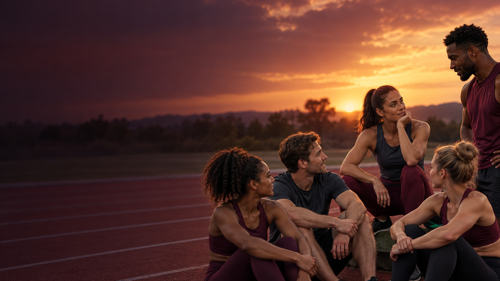 Illustrative group of athletes talking together beside a track